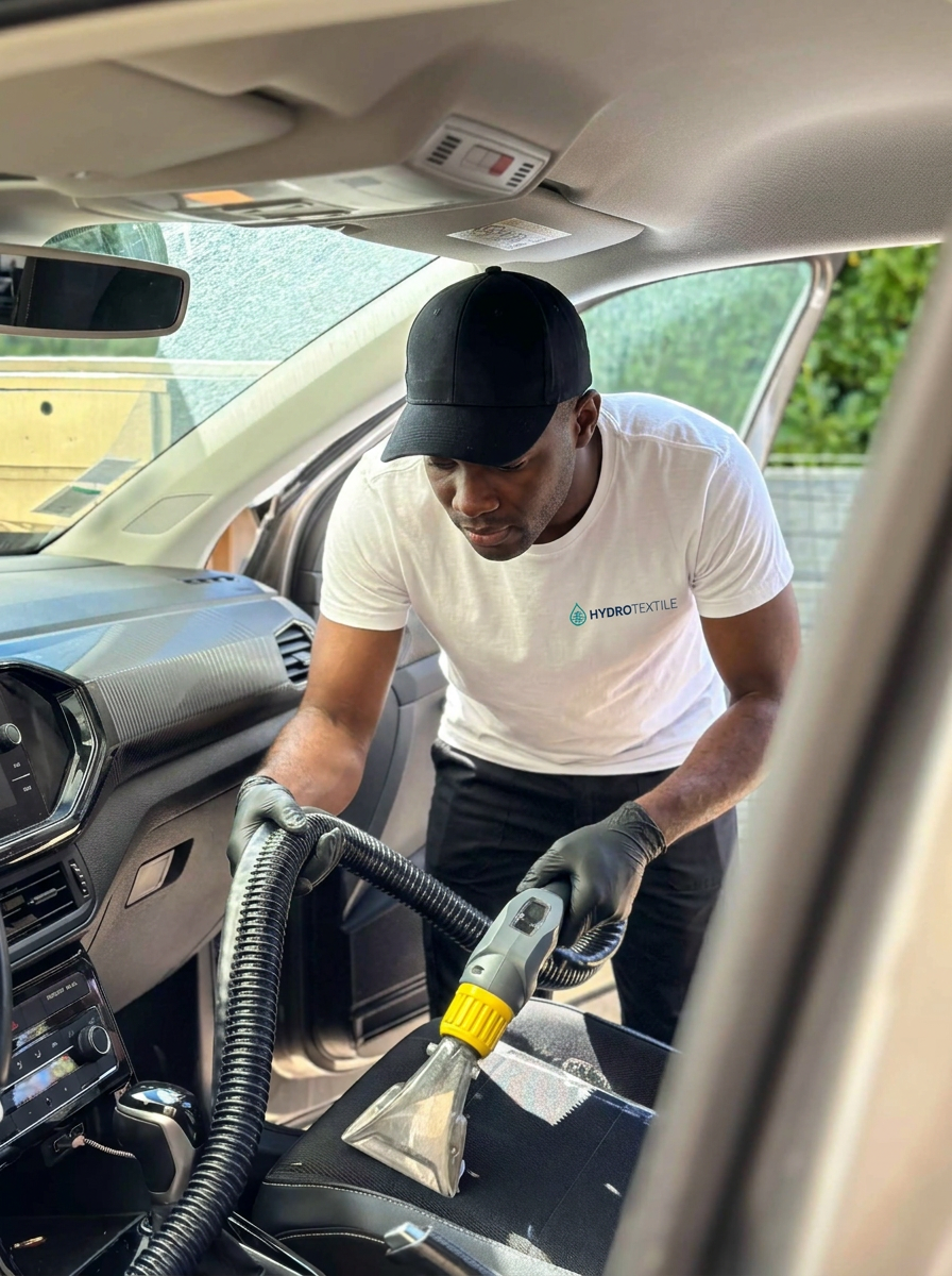 Technicien HYDROTEXTILE nettoyant un siège auto à domicile