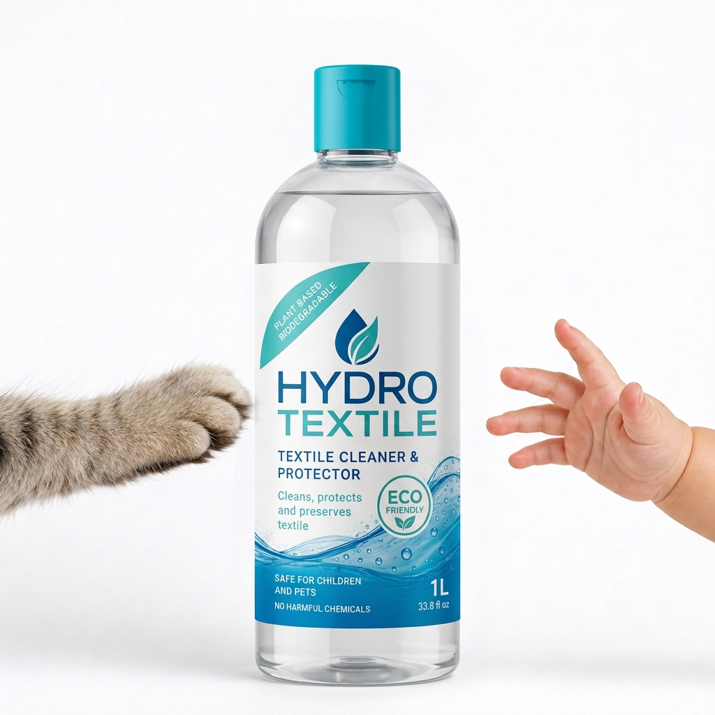 Bouteille de produit Hydro Textile avec une patte de chat et une main de bébé, symbole de sécurité pour toute la famille